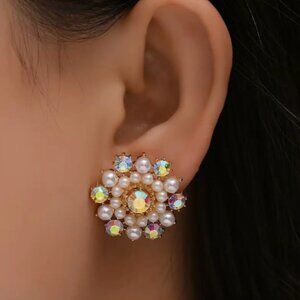 NEW Marilyn Retro Glam Pearl and Aurora Borealis Crystal Earrings